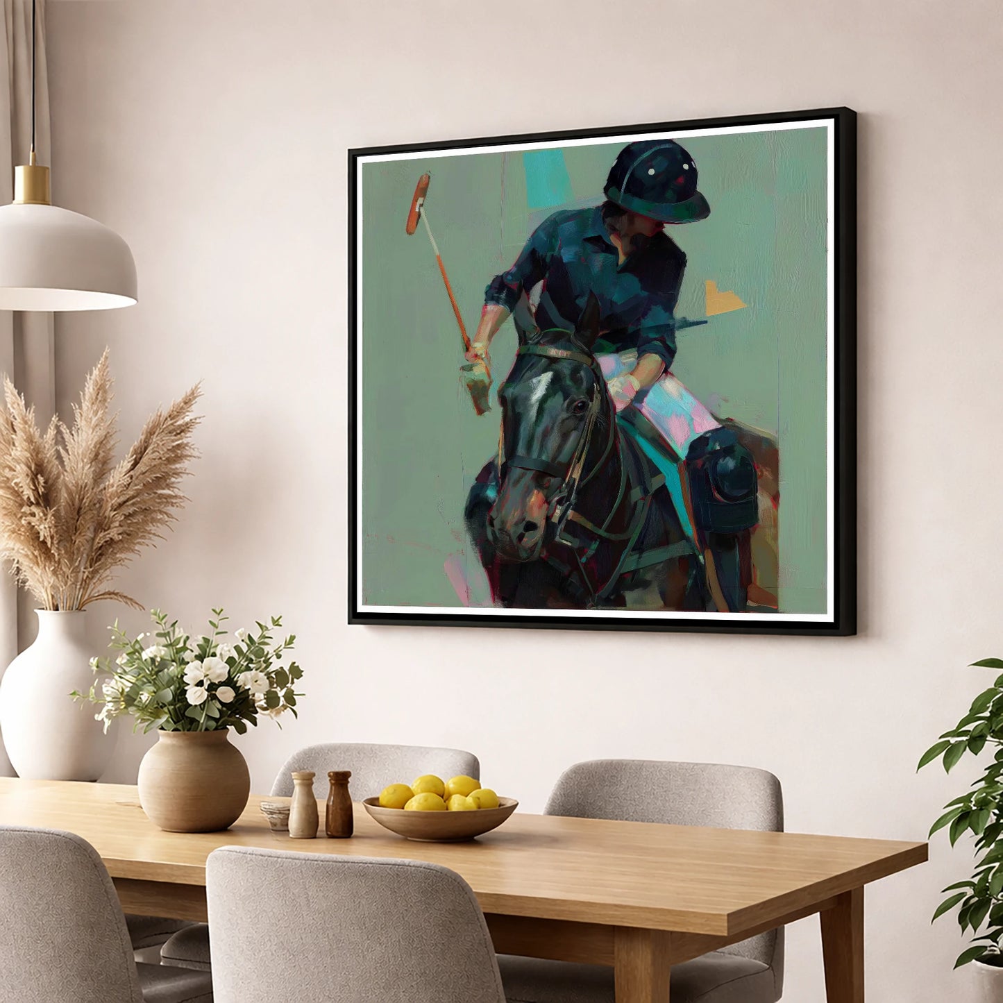 The Decisive Strike polo horse wall art displayed in a dining room