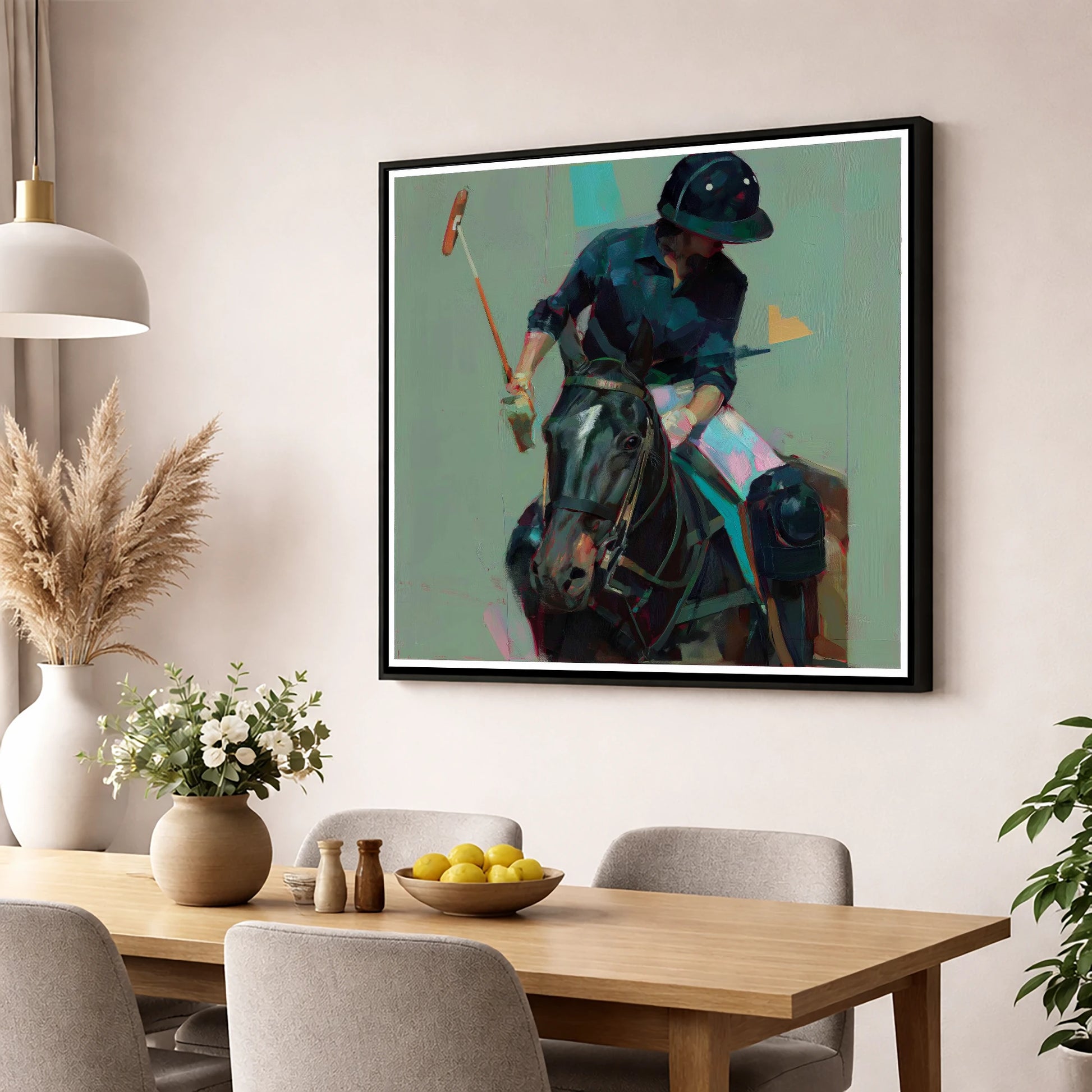 The Decisive Strike polo horse wall art displayed in a dining room
