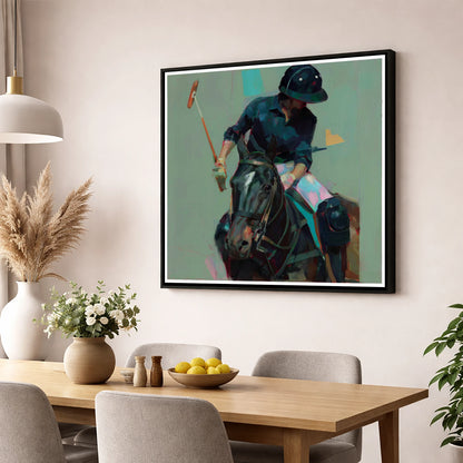 The Decisive Strike polo horse wall art displayed in a dining room