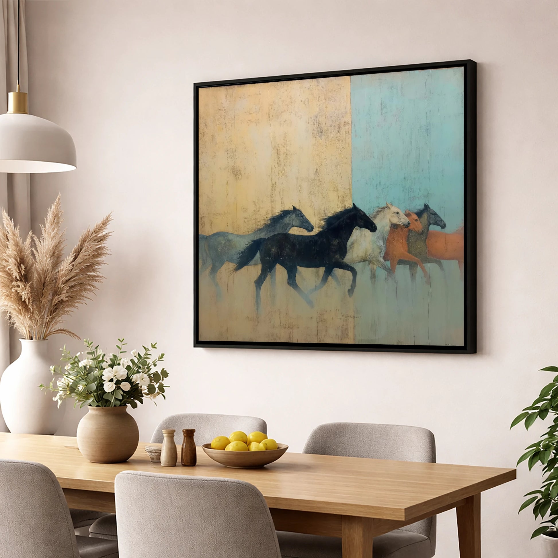 Ethereal Ochre Herd wild horses wall art displayed in a dining room