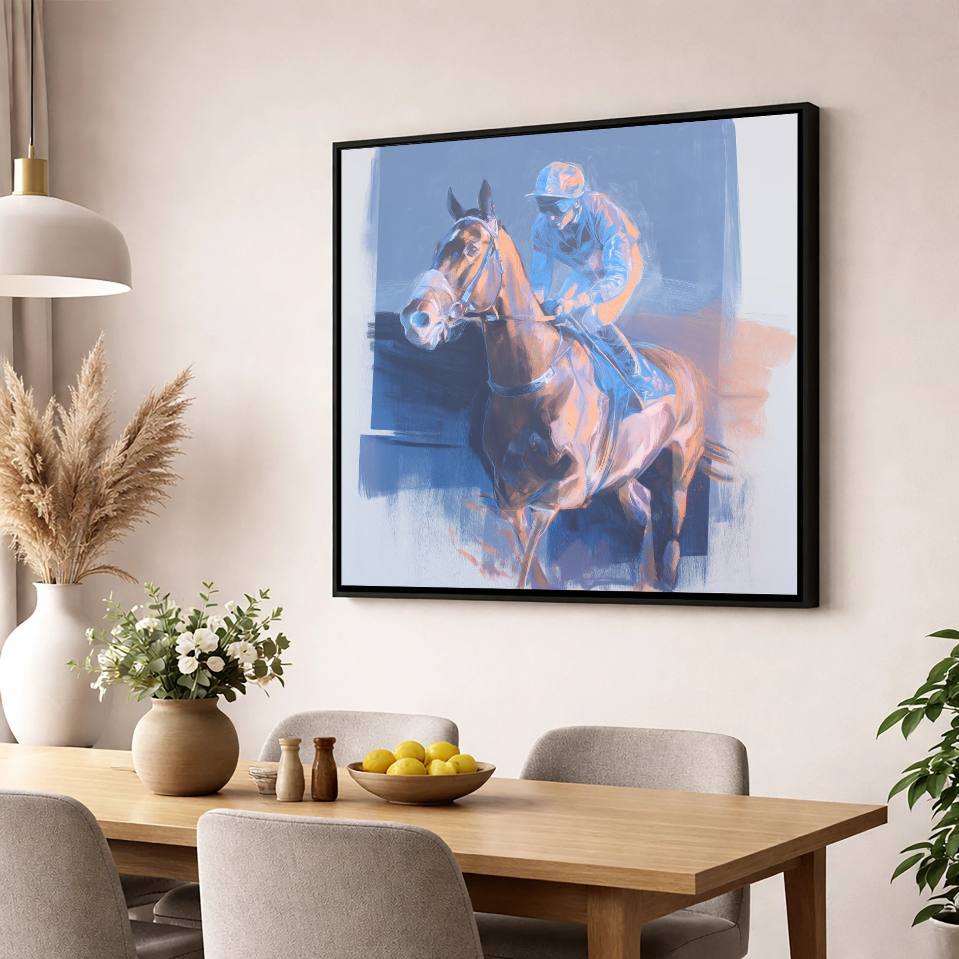Quiet Anticipation racing horse wall art displayed in a dining room