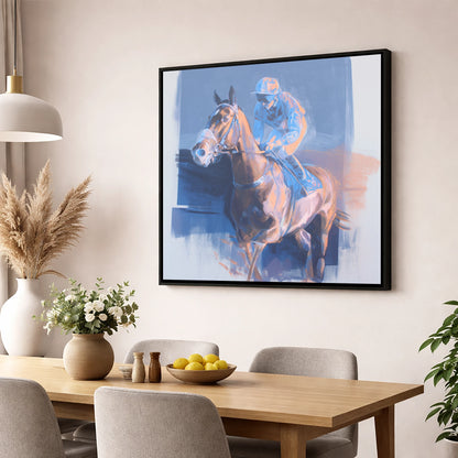 Quiet Anticipation racing horse wall art displayed in a dining room