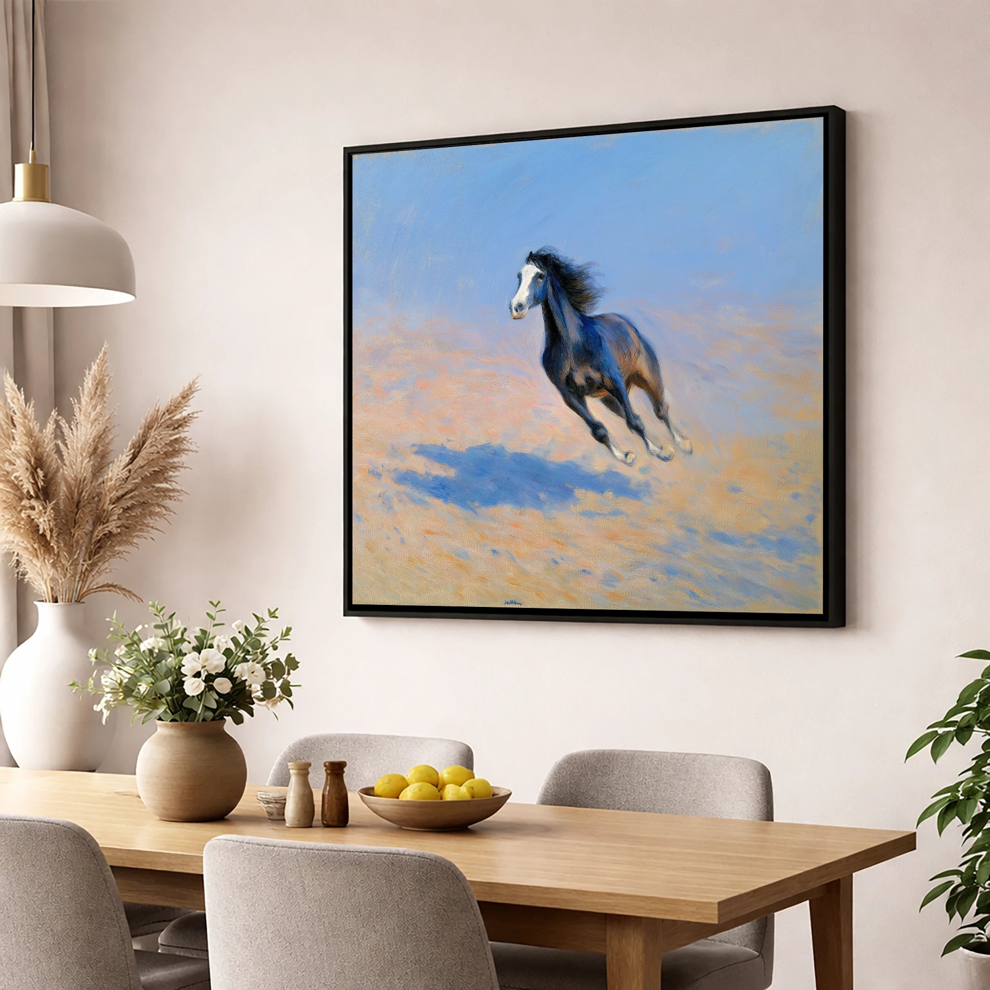 Sunlit Gallop horse breed wall art displayed in a dining room