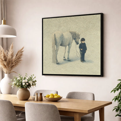A Quiet Understanding horse & rider wall art displayed in a dining room