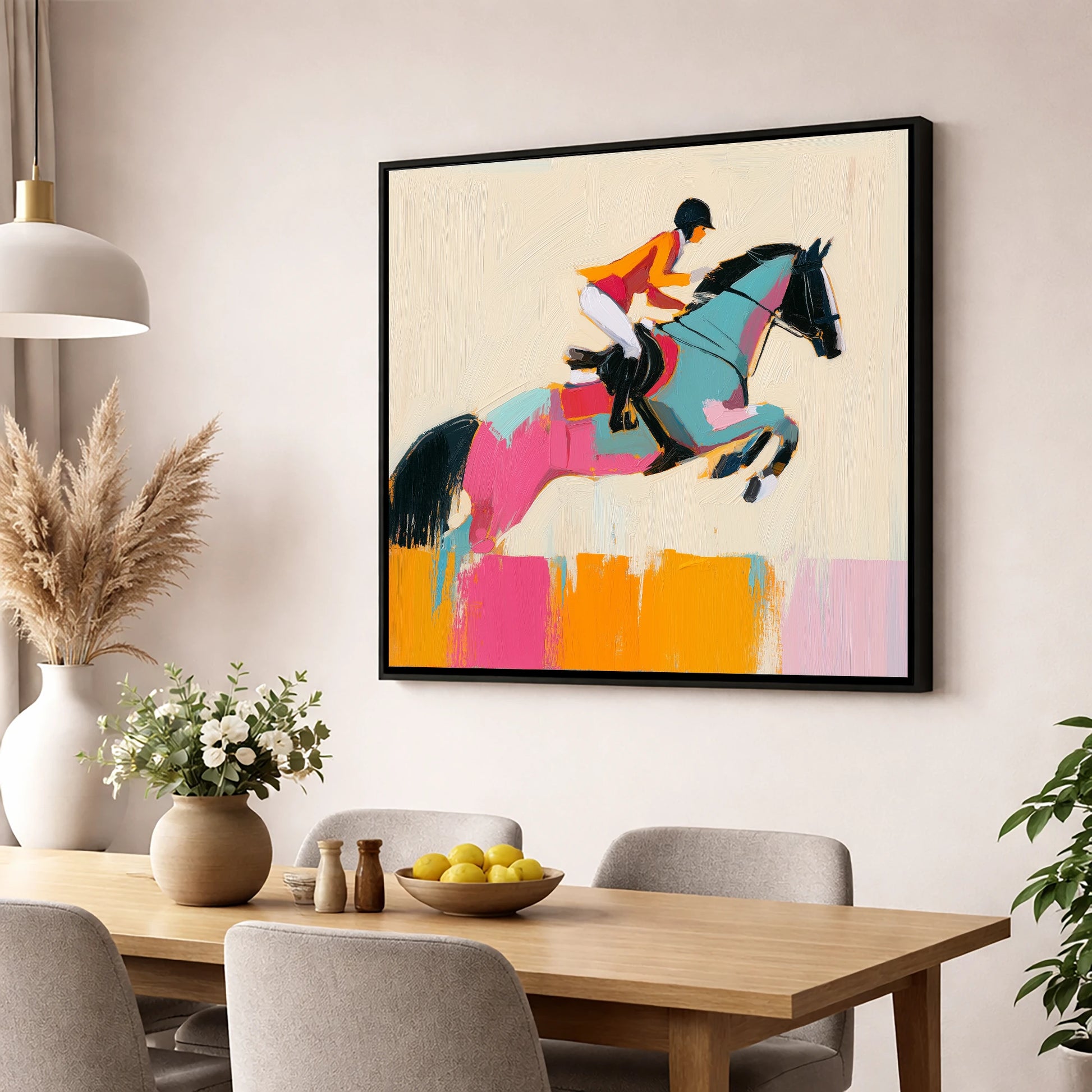 Technicolour Flight show jumping horse wall art displayed in a dining room