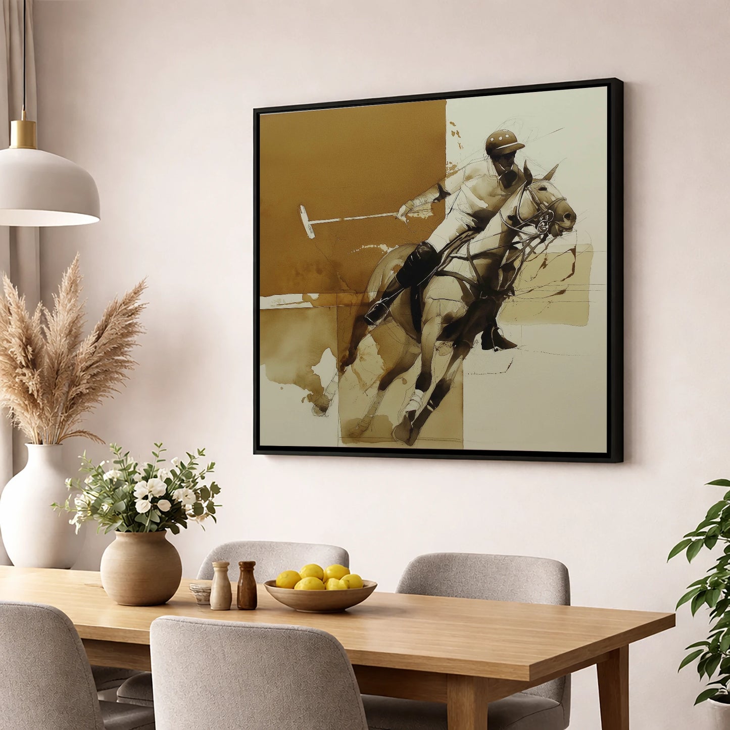 Mid-Chukka Momentum polo horse wall art displayed in a dining room