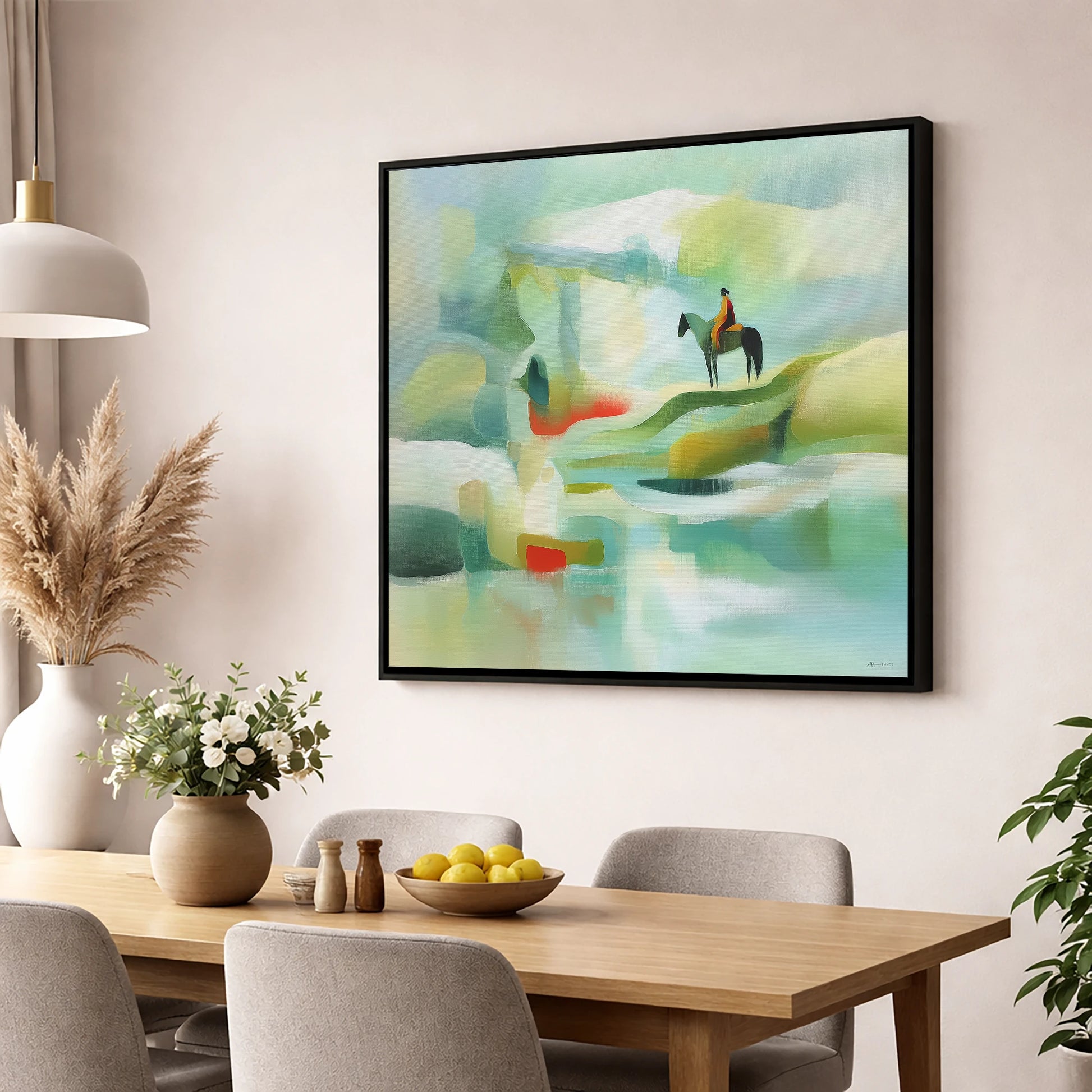 Serene Coastal Vantage beach horse wall art displayed in a dining room