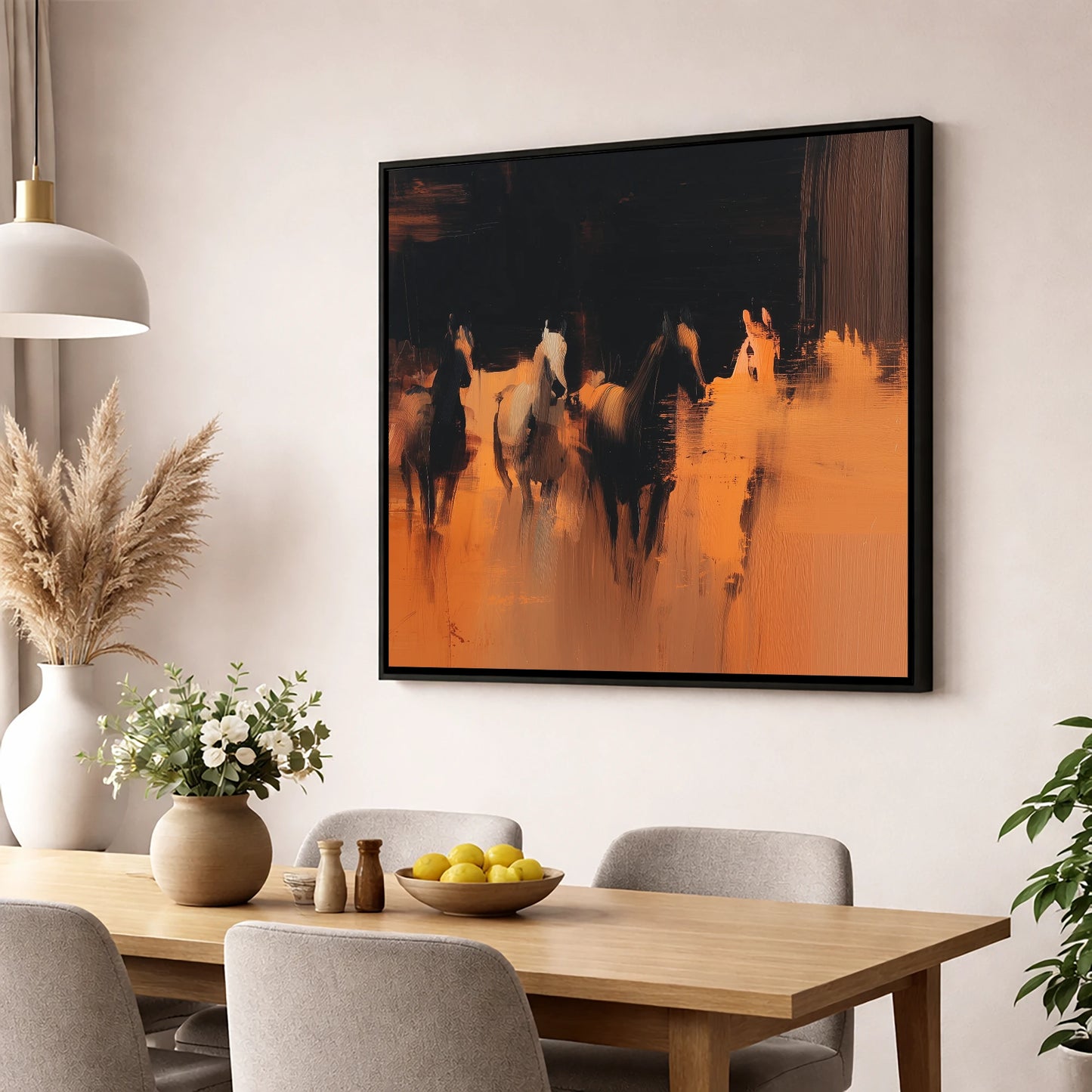 Out of the Shadows racing horse wall art displayed in a dining room