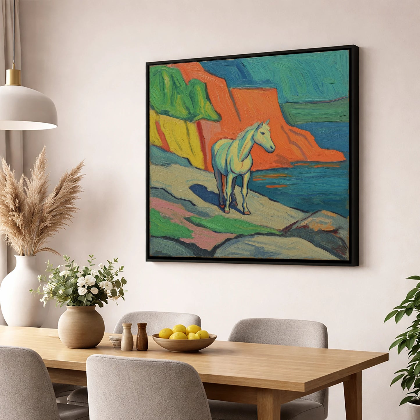 Vibrant Coastal Grey horse landscape wall art displayed in a dining room