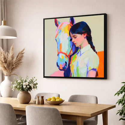 Vibrant Bond horse & rider wall art displayed in a dining room