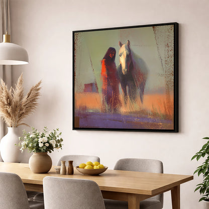 Whispers in the Haze horse & rider wall art displayed in a dining room