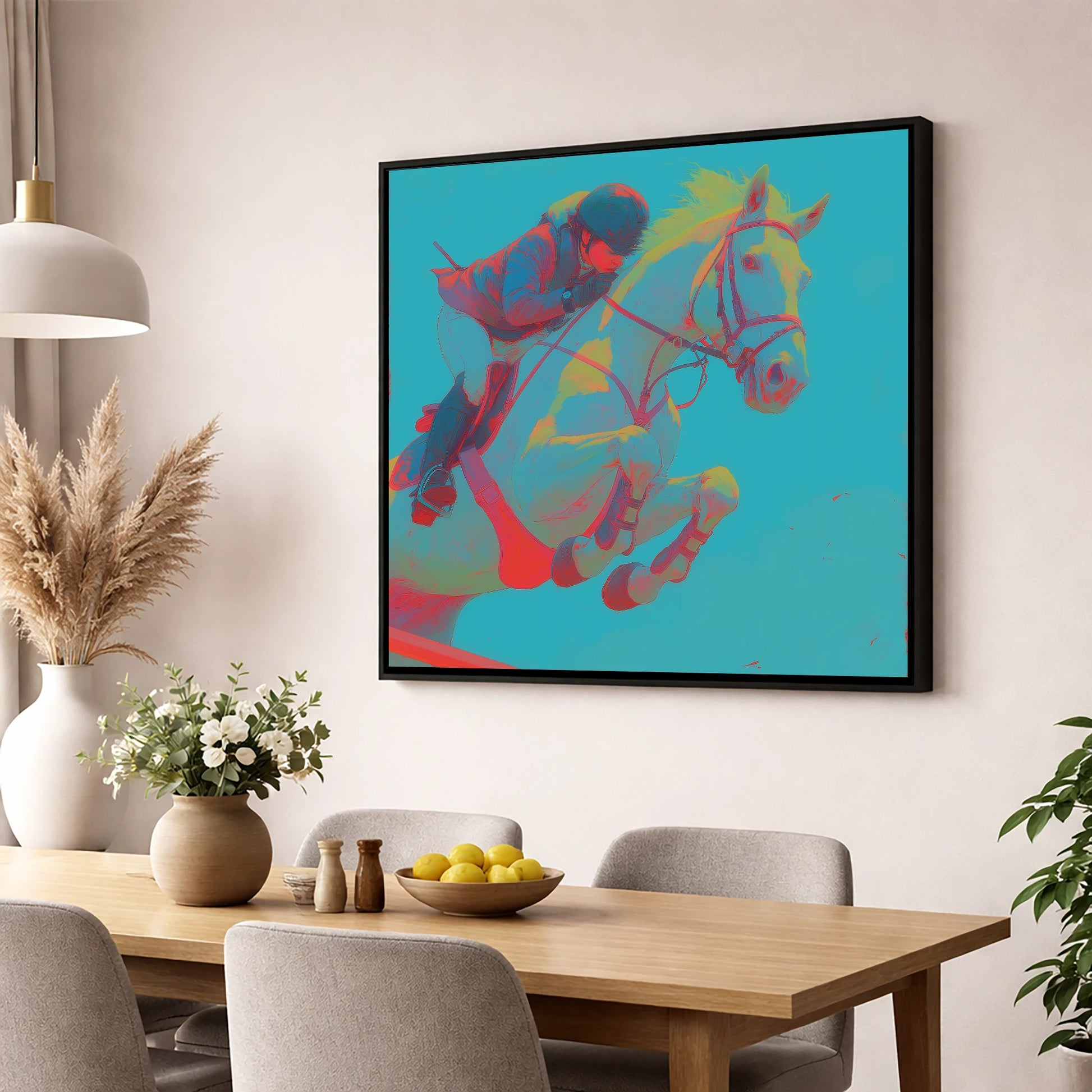 Vivid Airtime show jumping horse wall art displayed in a dining room