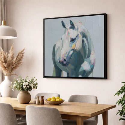 The Textured Grey horse breed wall art displayed in a dining room