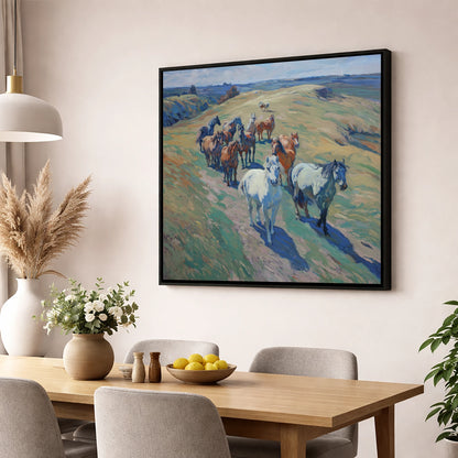 Over the Sunlit Rise wild horses wall art displayed in a dining room