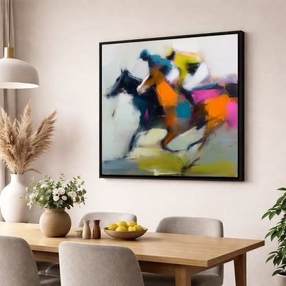Velocity in Colour racing horse wall art displayed in a dining room