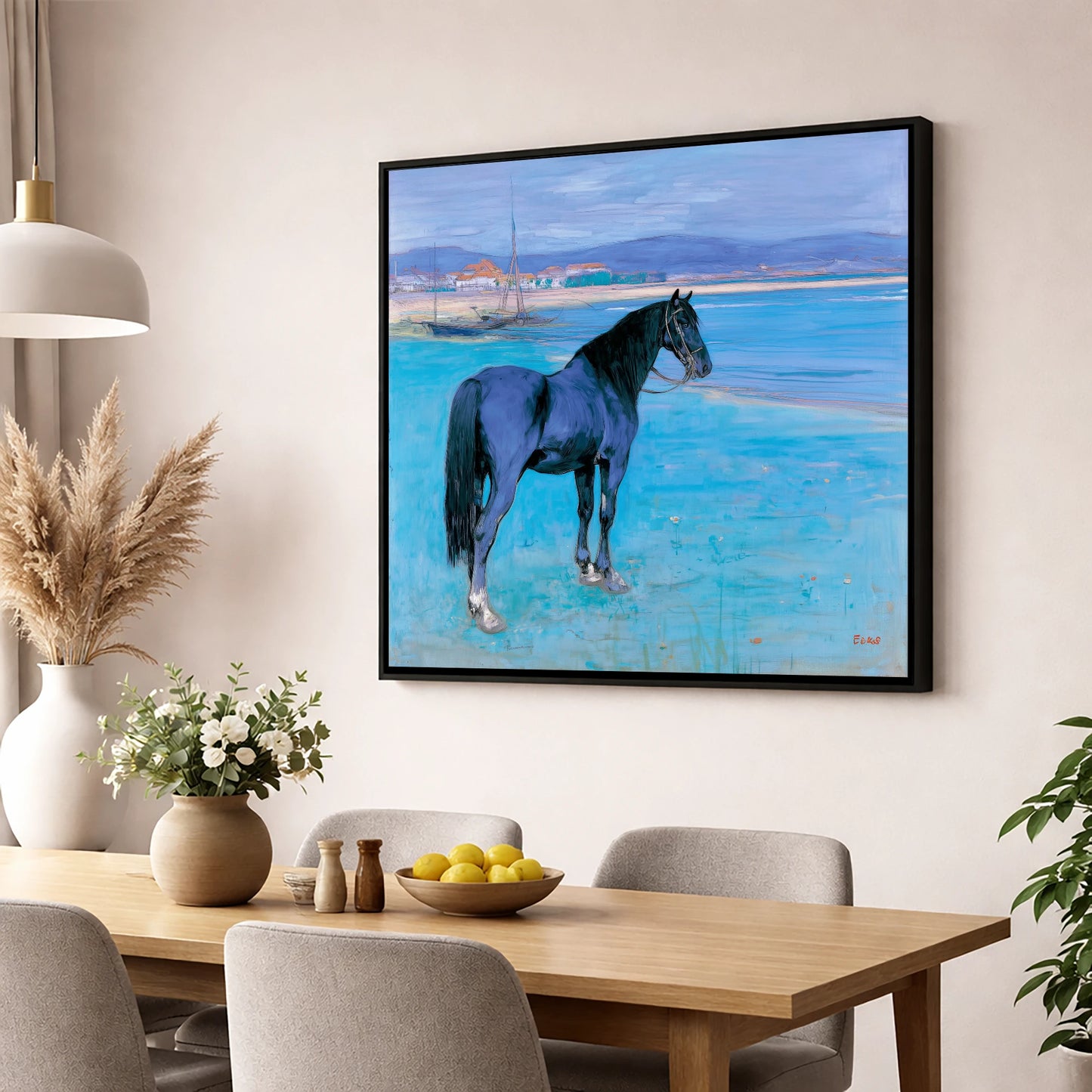 Azure Coast Equine horse landscape wall art displayed in a dining room