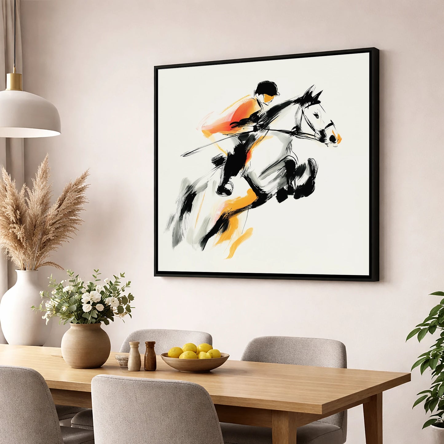 Suspended Momentum show jumping horse wall art displayed in a dining room