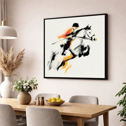 Suspended Momentum show jumping horse wall art displayed in a dining room