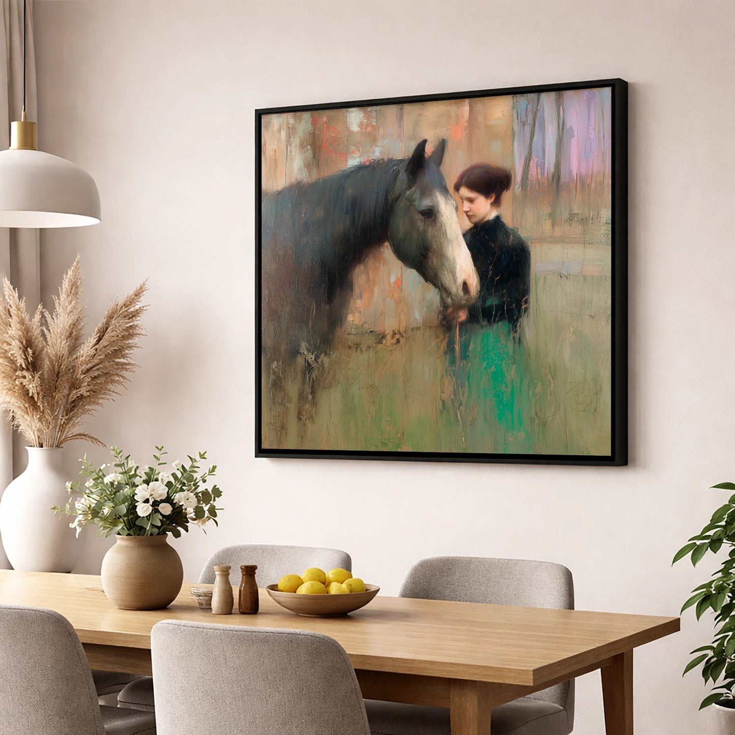The Silent Bond horse & rider wall art displayed in a dining room