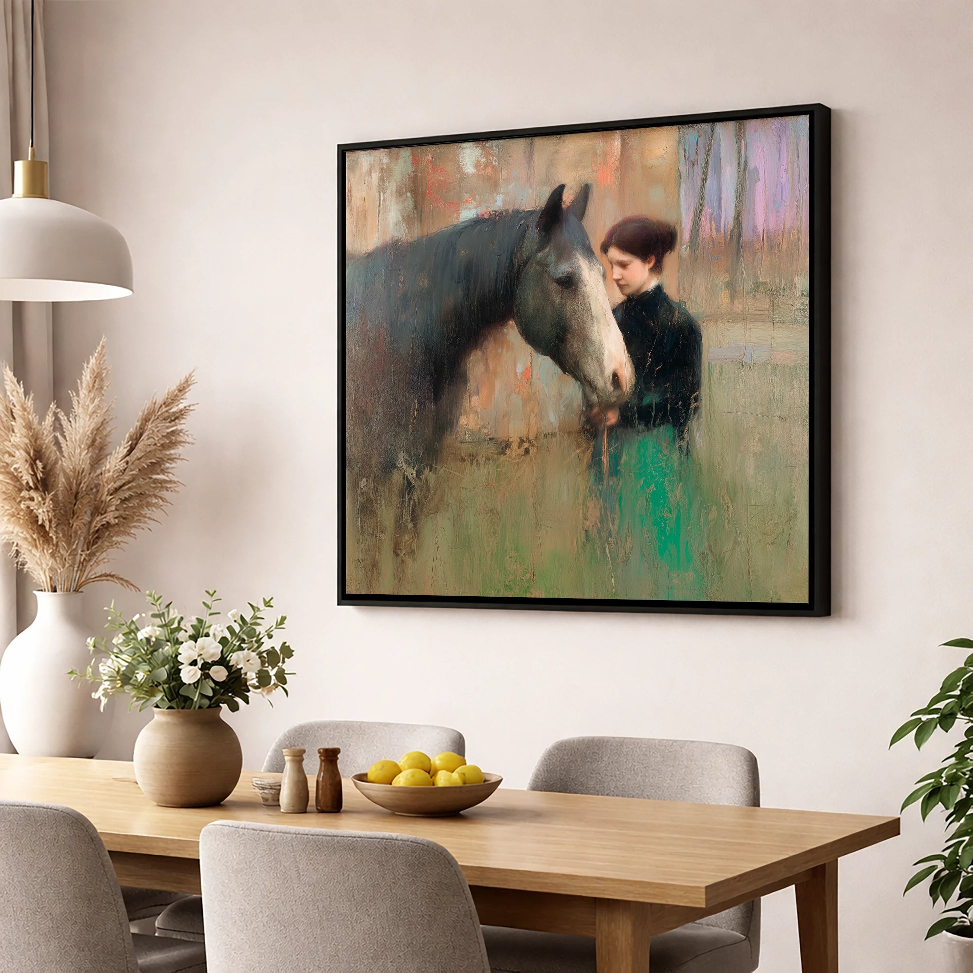 The Silent Bond horse & rider wall art displayed in a dining room