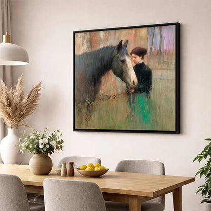 The Silent Bond horse & rider wall art displayed in a dining room