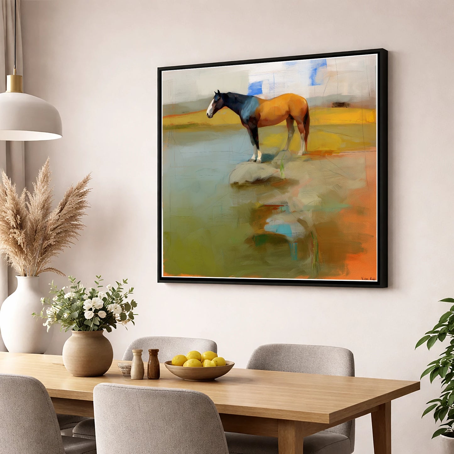 Vibrant Shoreline Reflection horse landscape wall art displayed in a dining room