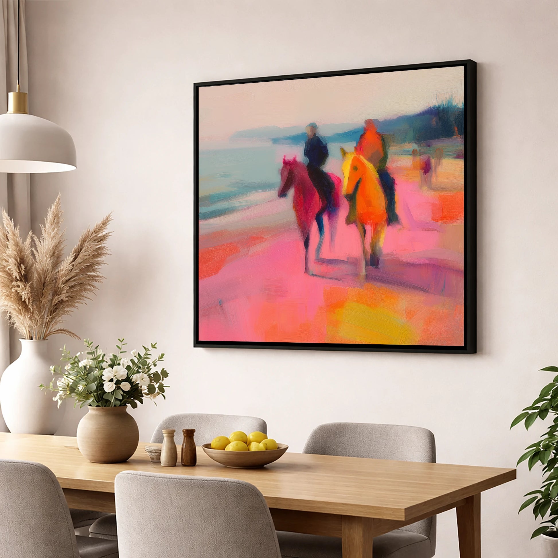 Vivid Coastal Ride horse landscape wall art displayed in a dining room