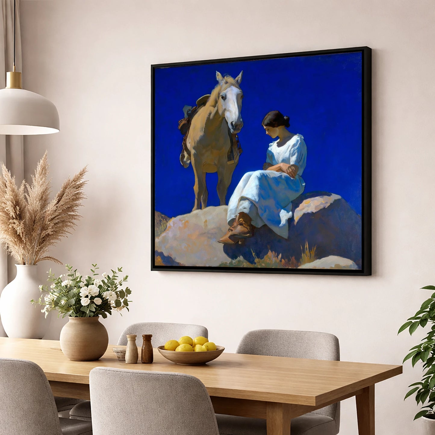 Beneath Azure Skies horse & rider wall art displayed in a dining room