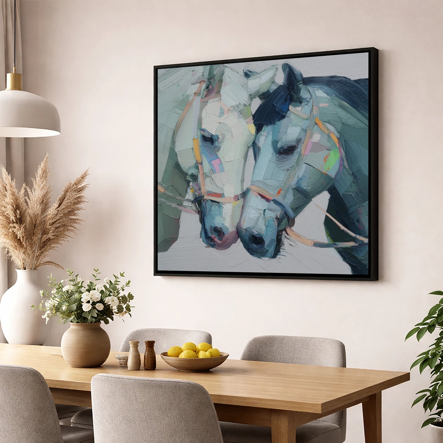 A Quiet Connection horse portrait wall art displayed in a dining room