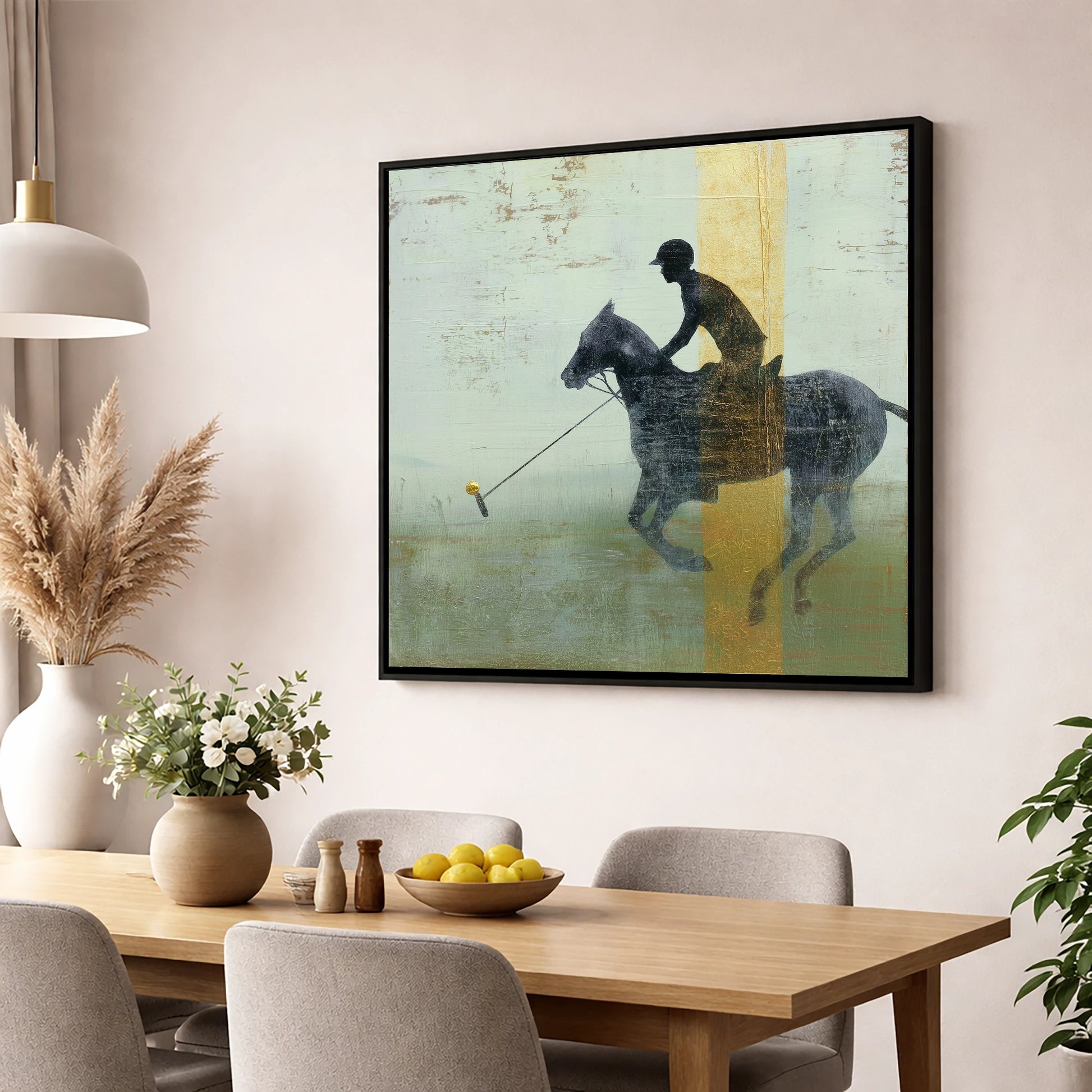 Gilded Chukka polo horse wall art displayed in a dining room