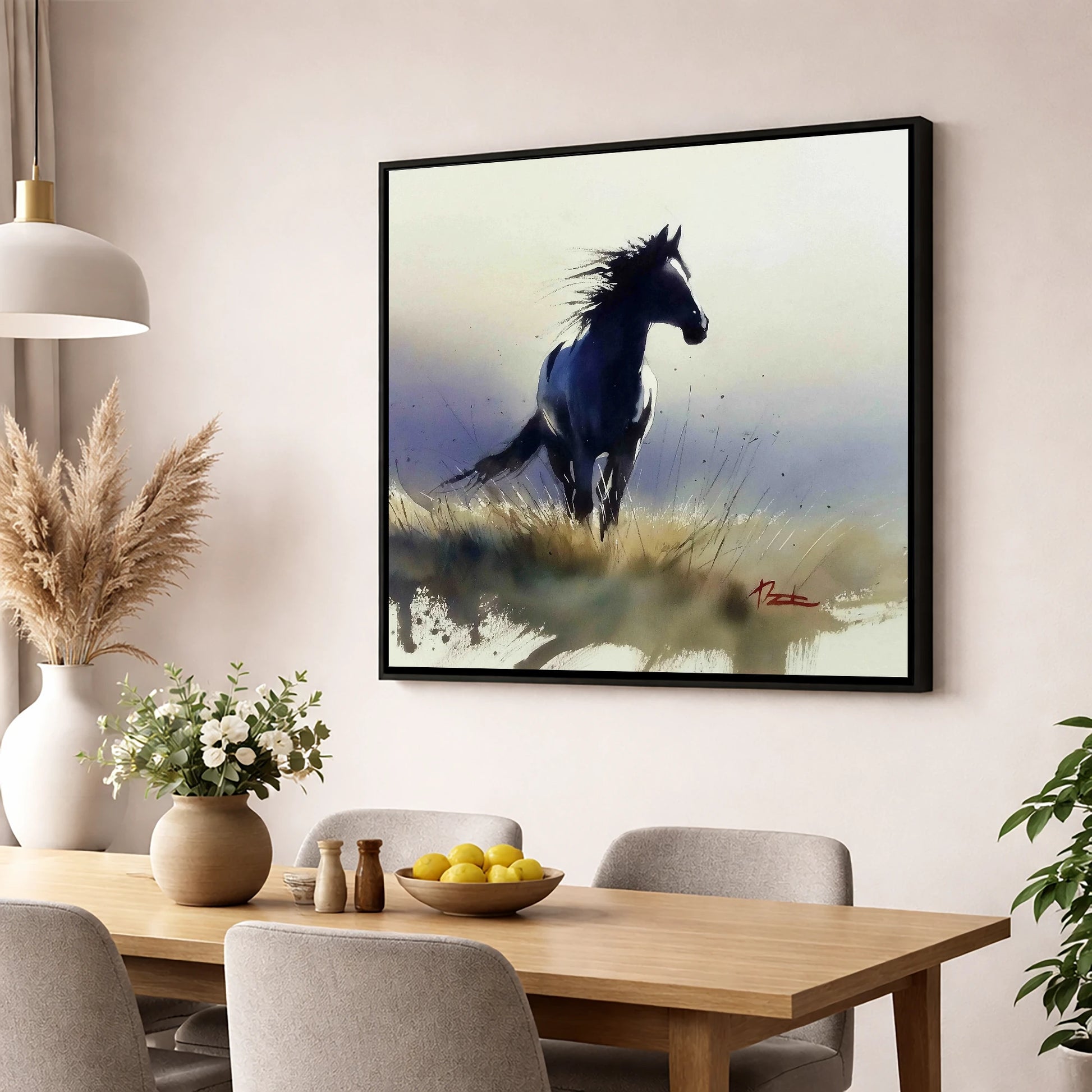 Into the Wind wild horses wall art displayed in a dining room
