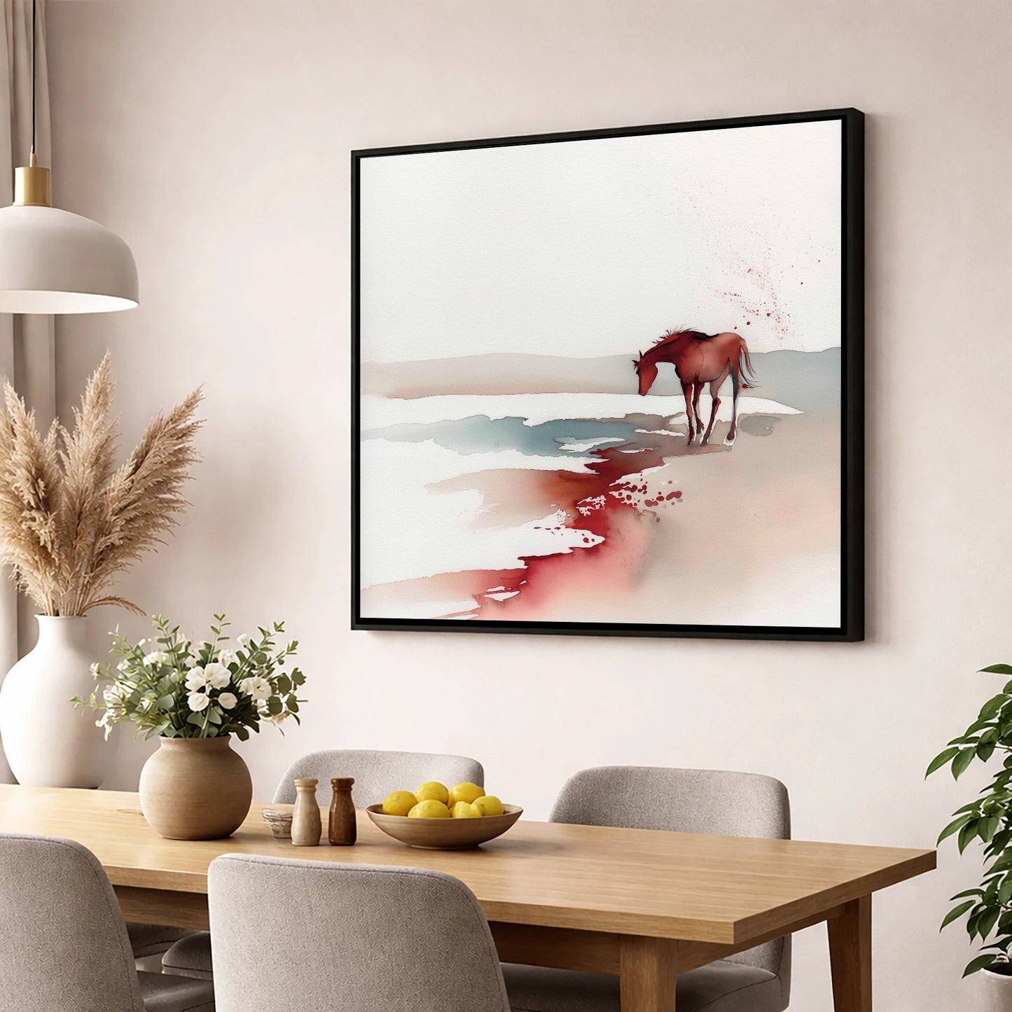 Crimson Waterside Solitude horse landscape wall art displayed in a dining room