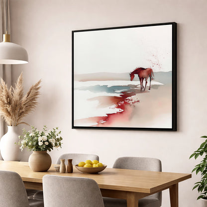 Crimson Waterside Solitude horse landscape wall art displayed in a dining room