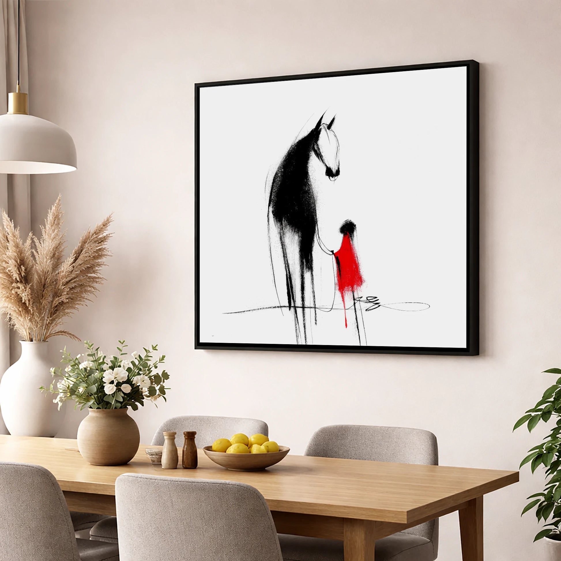 Crimson Connection horse & rider wall art displayed in a dining room