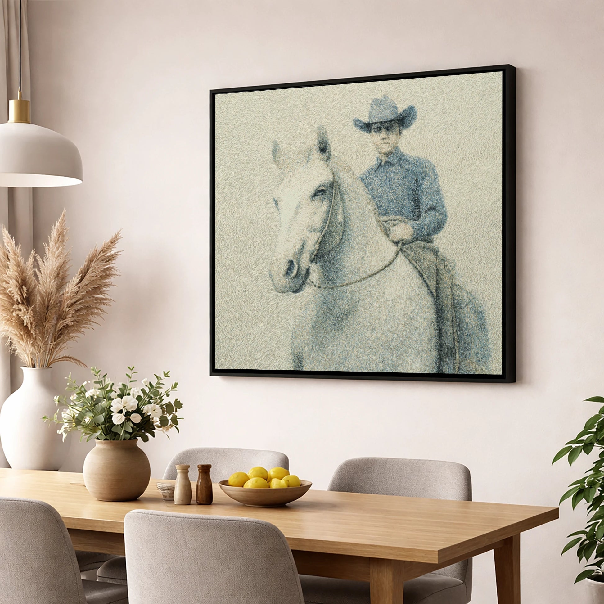 Slate Blue Stockman western horse wall art displayed in a dining room