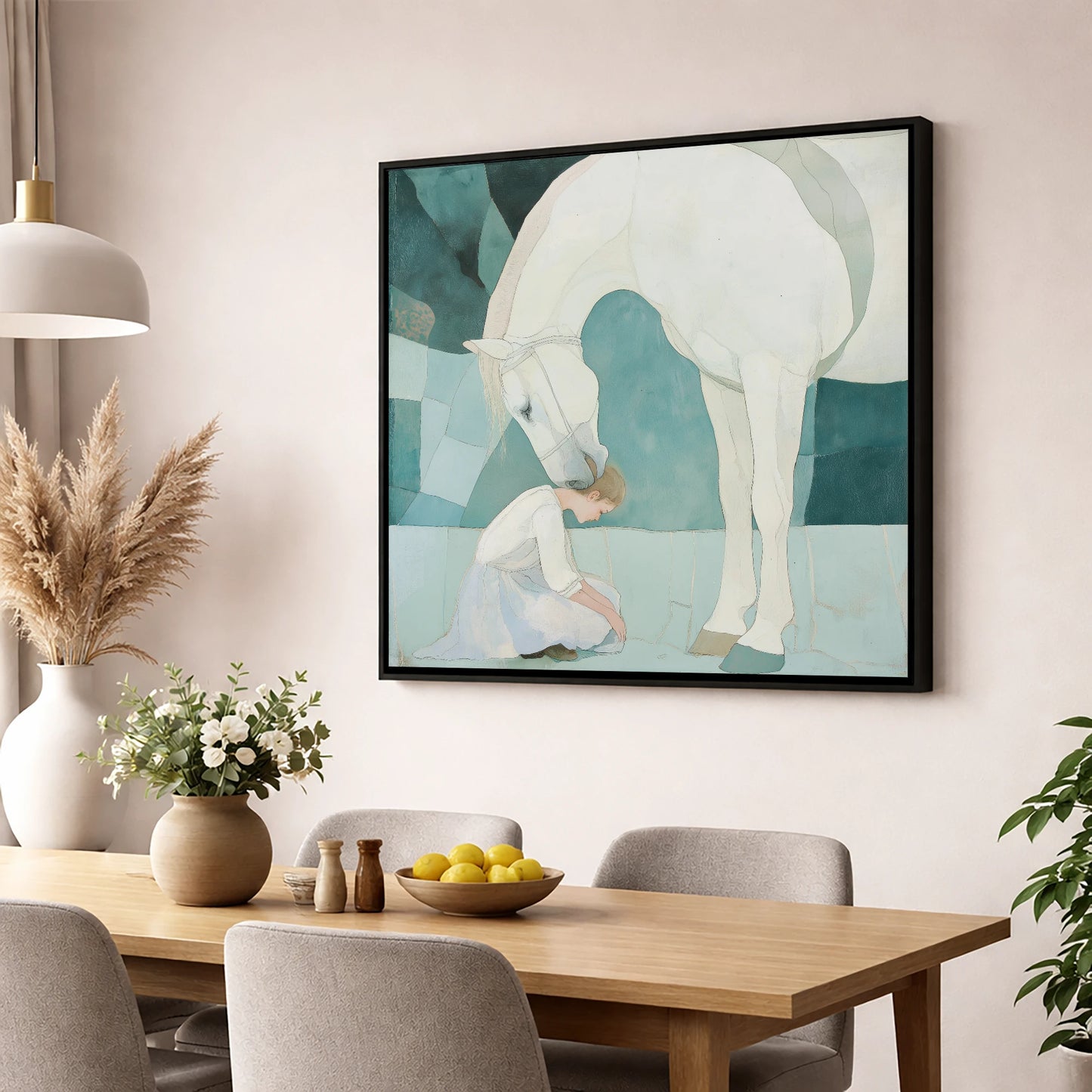 The Gentle Guardian horse & rider wall art displayed in a dining room