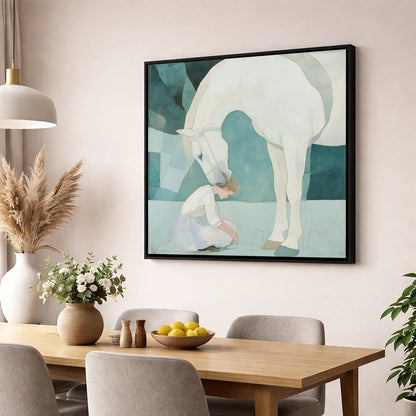 The Gentle Guardian horse & rider wall art displayed in a dining room