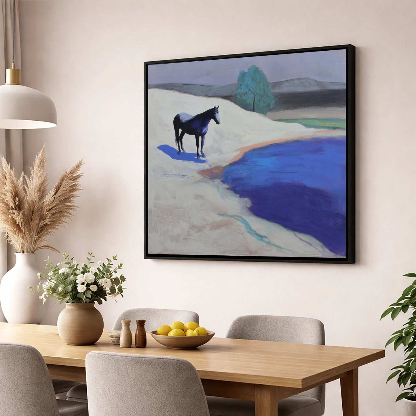 Blue Shore Solitude horse landscape wall art displayed in a dining room