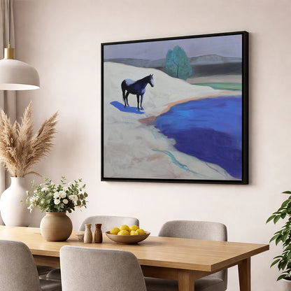 Blue Shore Solitude horse landscape wall art displayed in a dining room