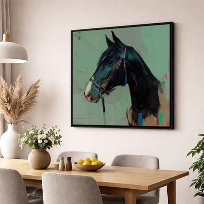 Midnight Profile in Teal horse portrait wall art displayed in a dining room