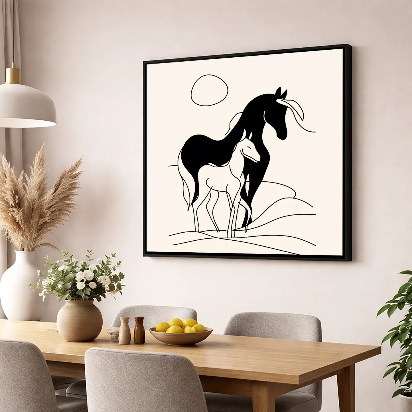 Silhouette of Devotion mare & foal wall art displayed in a dining room