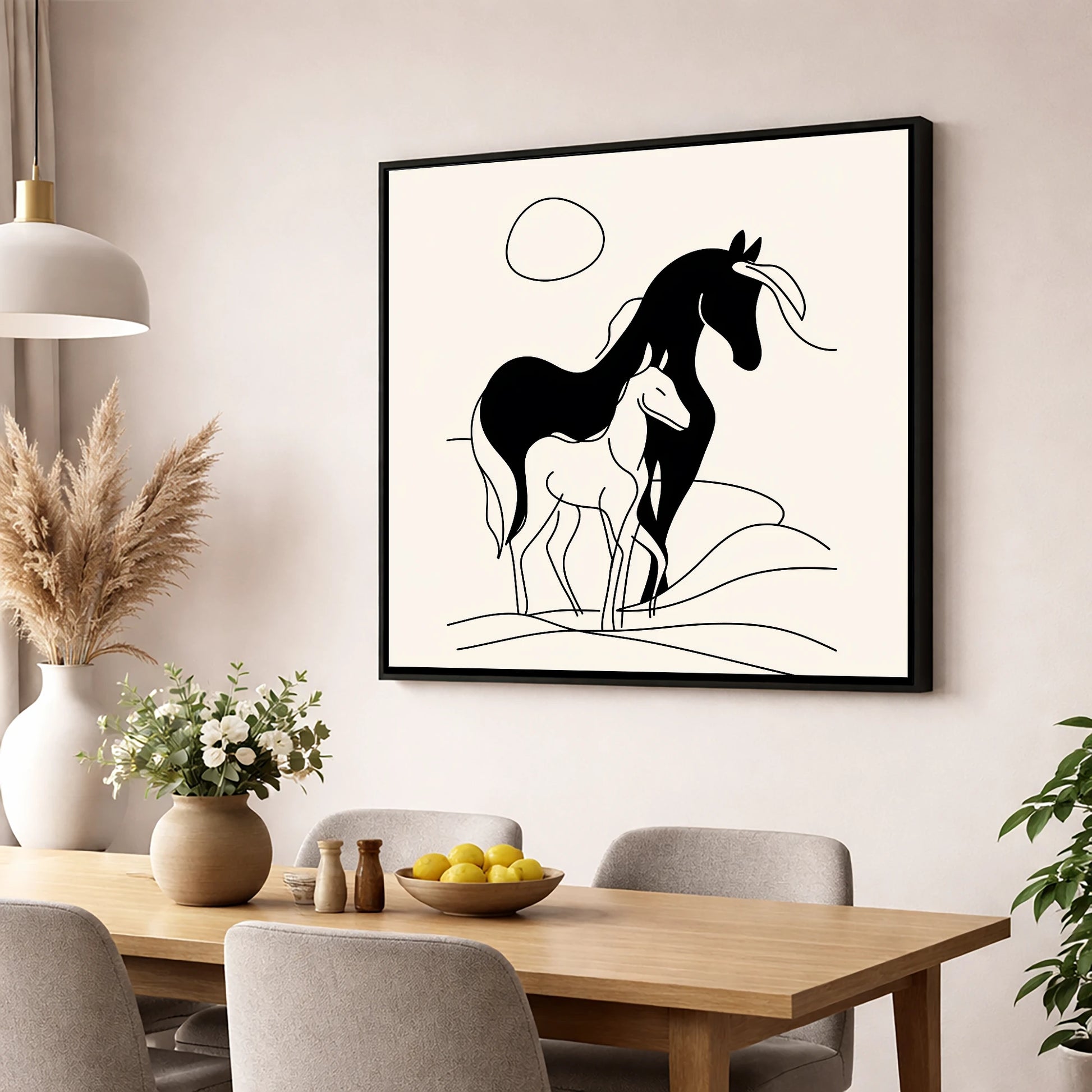 Silhouette of Devotion mare & foal wall art displayed in a dining room