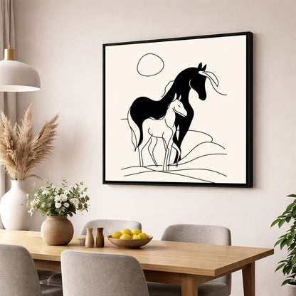 Silhouette of Devotion mare & foal wall art displayed in a dining room