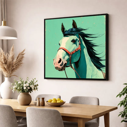 Windswept in Teal horse breed wall art displayed in a dining room