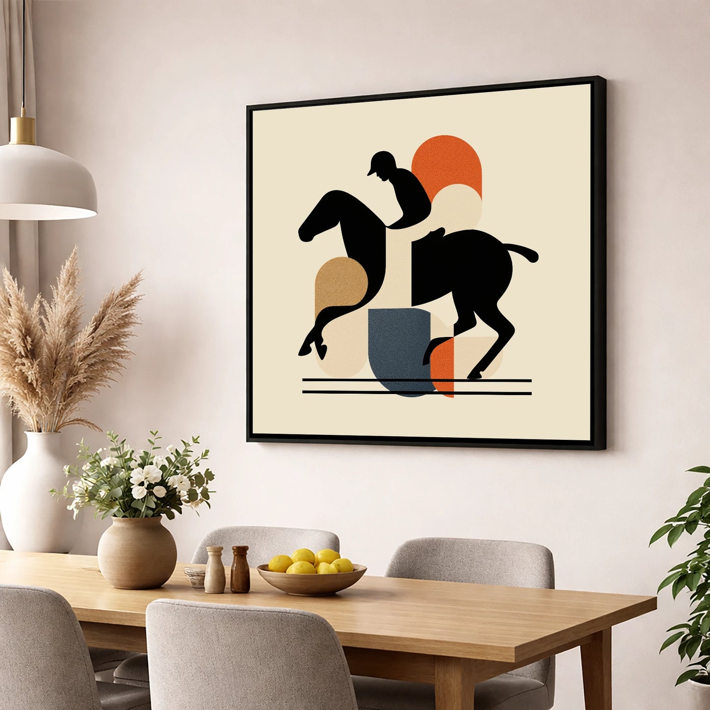 Retro Polo Silhouette polo horse wall art displayed in a dining room