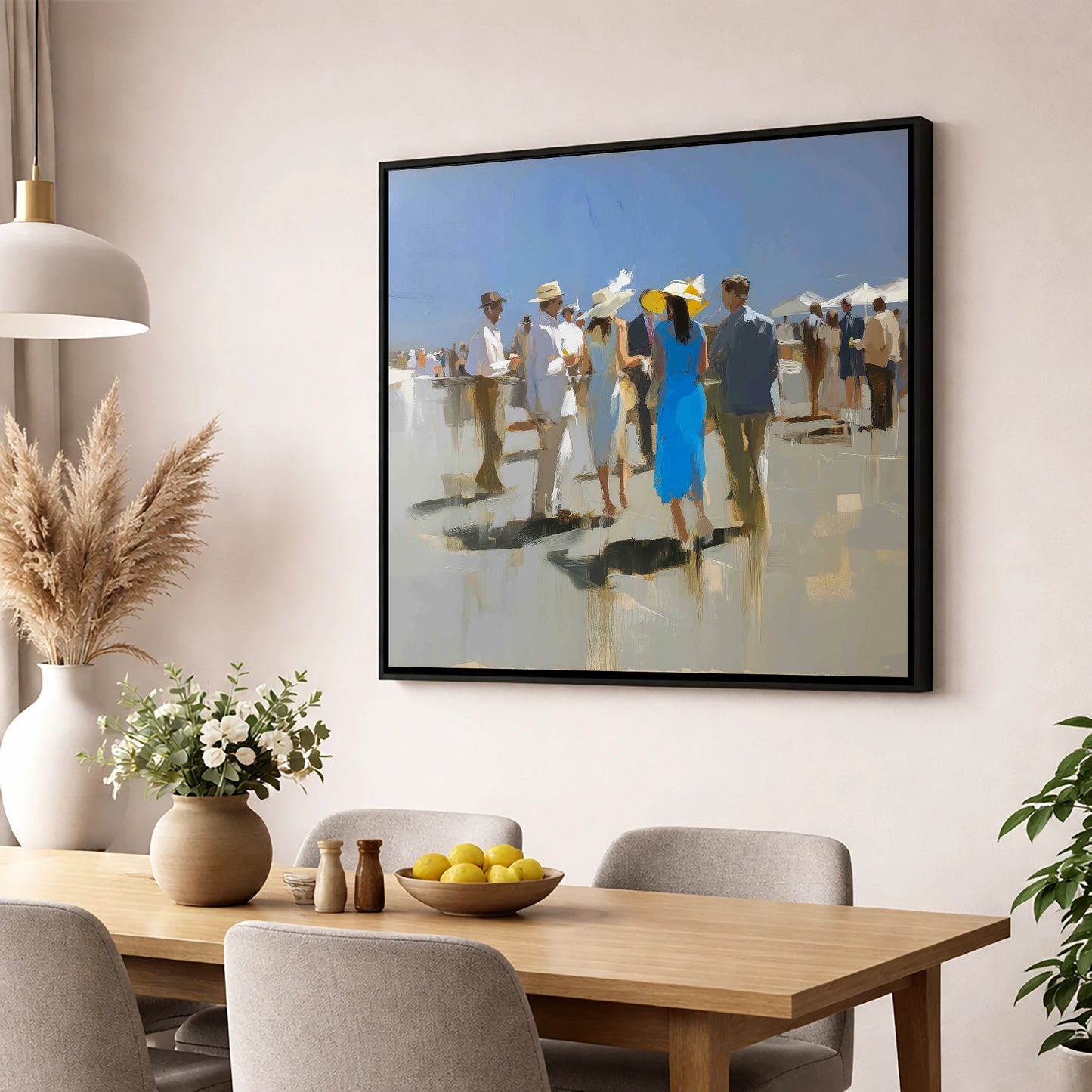 The Summer Racing Crowd racing horse wall art displayed in a dining room