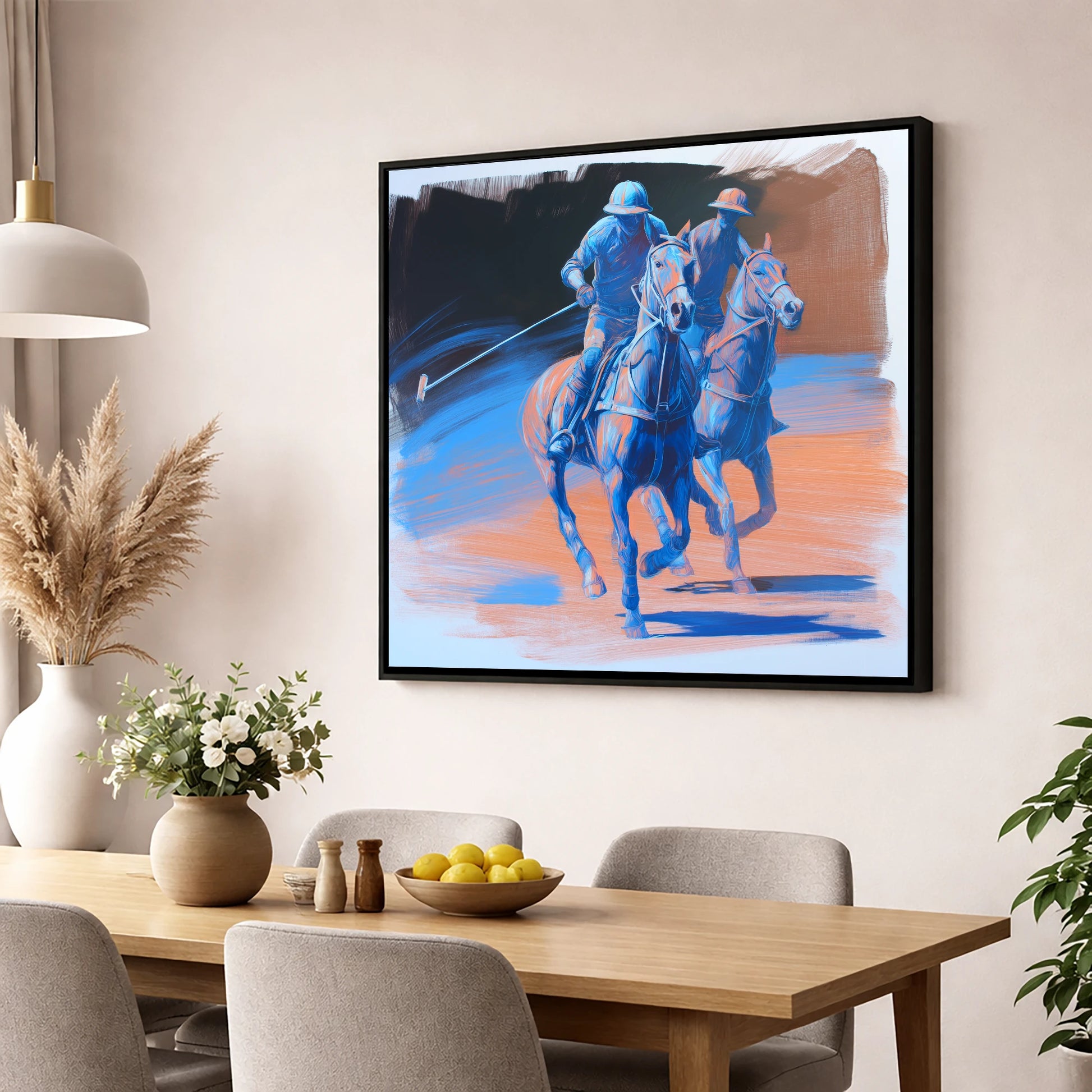 Cobalt Polo Pursuit polo horse wall art displayed in a dining room