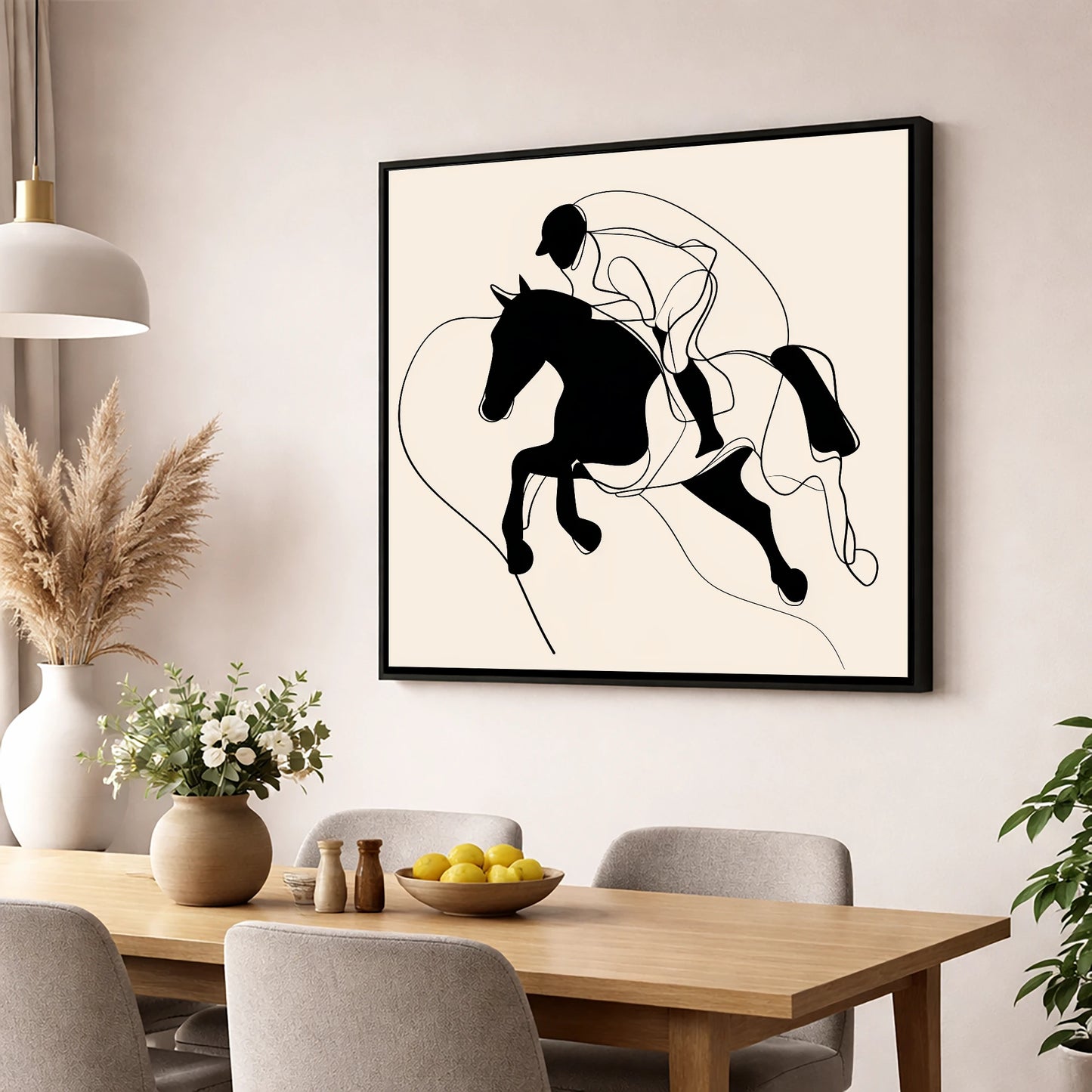 Airborne Elegance show jumping horse wall art displayed in a dining room
