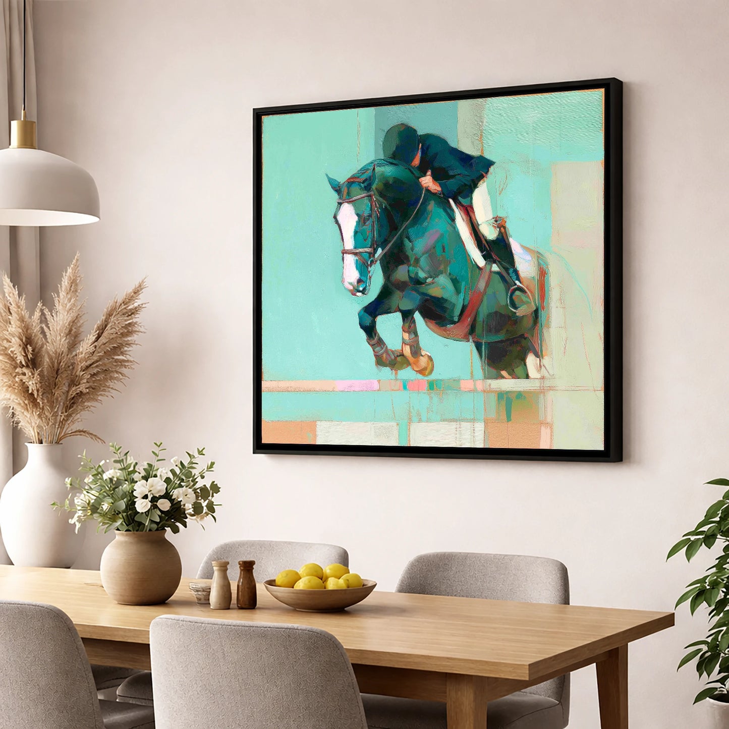 Suspended in Teal show jumping horse wall art displayed in a dining room