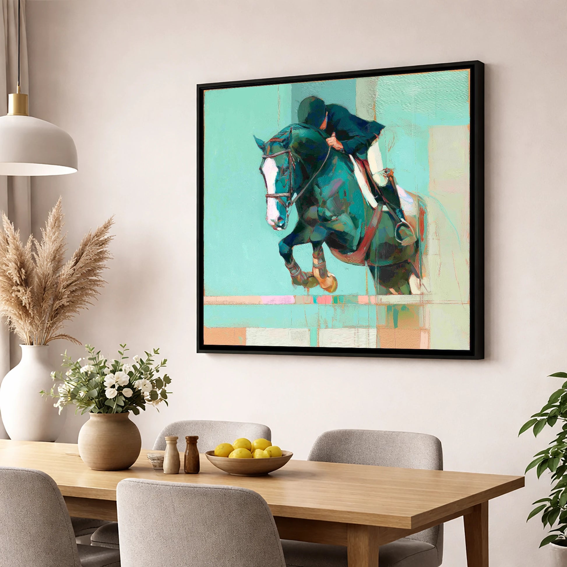 Suspended in Teal show jumping horse wall art displayed in a dining room